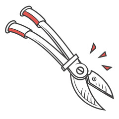 Cartoon illustration of heavy duty garden shears or loppers with red accents on black handles against a black background