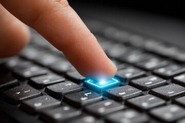 Close-up of an index finger pressing a glowing key on a keyboard, symbolizing technology and innovation. Ideal for themes of communication, digital interaction, and modern workspace.