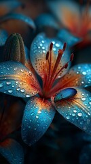 Close-up of a vibrant orange and blue metallic lily adorned with water droplets, showcasing intricate details and vivid colors. Perfect for floral, nature, or beauty-themed advertising.