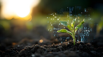 Emerging plant with digital overlay in the soil.
