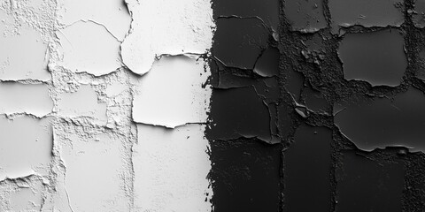 A striking black and white wall featuring cracked and peeling paint, creating a dramatic contrast. Ideal for artistic, modern, or minimalist design themes in advertising.