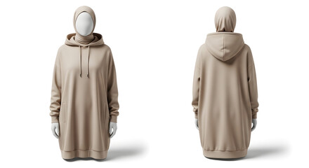 Minimalist 3D hoodie mockup featuring a faceless mannequin wearing a long beige hoodie and hijab. Both front and back views are presented on a white background, perfect for branding, clothing design, 