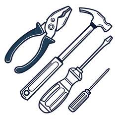 Collection of essential hand tools including pliers a hammer and two screwdrivers arranged diagonally on a white background