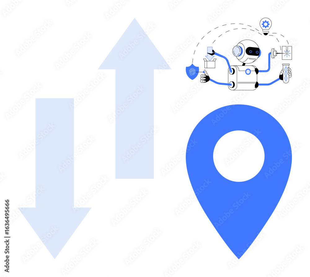 Poster robot multitasking with gear, shield, and documents near map pin and arrows for direction. ideal for