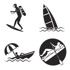 Collection of four vector icons depicting diverse water sports and leisure activities on a black background