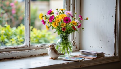 A weathered windowsill with peeling paint, a vase of wild garden flowers, a ceramic bird figurine, and a stack of floral patterned Mother's Day cards from past decades
