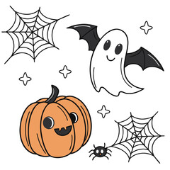 Cute halloween characters including a smiling pumpkin flying ghost with bat wings spider and spiderwebs on a white background