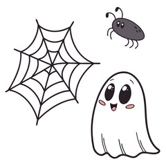 Cute cartoon ghost with big eyes and a happy smile next to a spider and a simple spiderweb