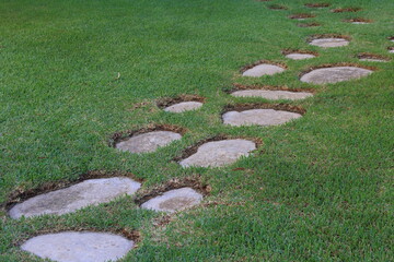Japanese stepping stonesin the garden. Footpath made of stone in green grass in garden 