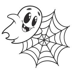 Friendly cartoon ghost with big eyes and a wide smile emerging from a black and white spider web