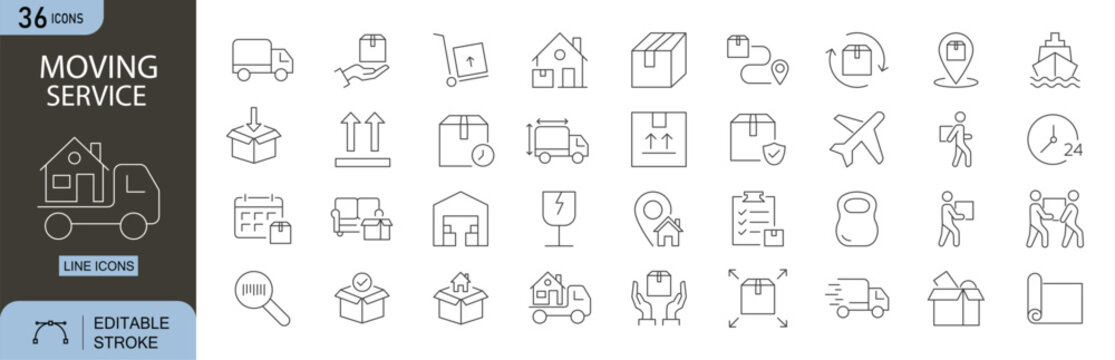 Moving Service icons set. Includes moving truck, boxes, dolly, delivery van, house , checklist, calendar, truck driver, and storage unit. Editable stroke, line icons. Perfect for infographics,