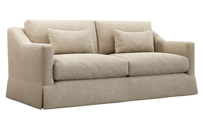 Classic beige corduroy fabric upholstery sofa with pillows. 3d render.