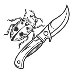 Intricate line art illustration of a ladybug and a sharp folding knife on a black background