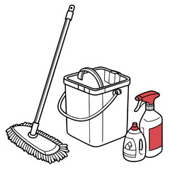 Illustration of cleaning supplies including a mop bucket spray bottle and cleaning liquid bottles for household chores