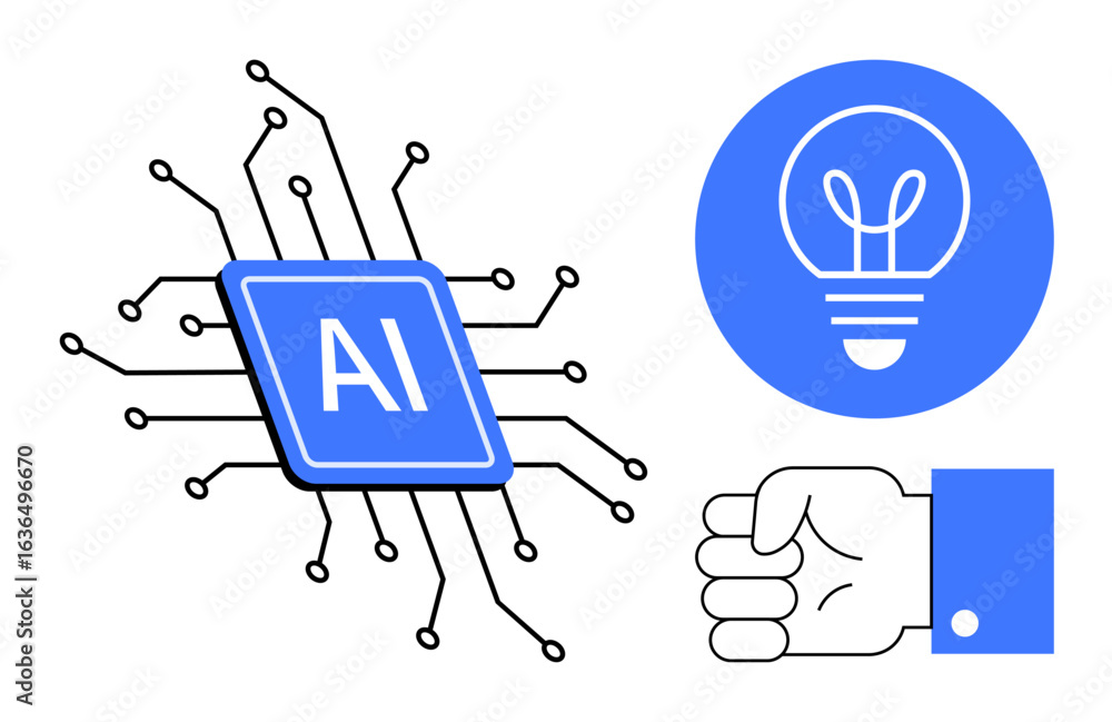 Poster microchip labeled ai intertwined with circuit lines, lightbulb for ideas, and fist gesture for deter