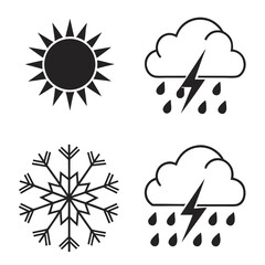 Set of four weather icons including sun snowflake and two variations of thunderstorms with rain and lightning