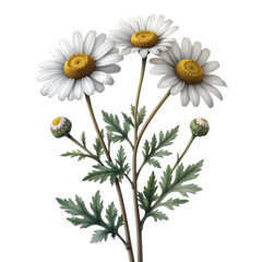 Fototapeta premium Daisy Blossoms: These simple, classic daisy blooms with bright petals radiating from a sunny yellow center. Their stems reach elegantly, framed by green, fern-like leaves