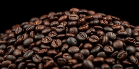 Obraz premium Close-up of dark roasted coffee beans, rich brown hues against a black background, coffee bean texture, close up coffee beans