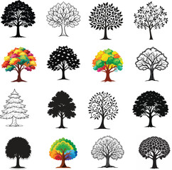 Tree Icon Set – 16 Nature EPS Vector Illustrations