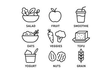 Line art icons of healthy foods: salad, fruit, smoothie, oats, veggies, tofu, yogurt, nuts, grain