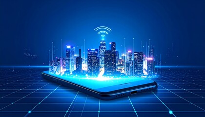 Futuristic Cityscape Emerging From Smartphone, Representing Wireless Communication and Technology