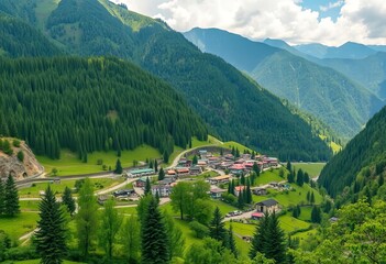 Serene Kashmir valley, lush green mountains embrace quaint village,  village,  remote