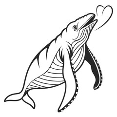 Stylized line art illustration of a humpback whale blowing a heart shaped spout in the ocean