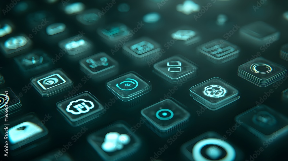 Poster close-up view of a futuristic interface with glowing icons.
