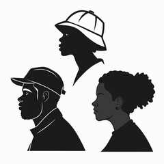 Three diverse individuals in profile silhouettes two men and one woman wearing hats and casual attire