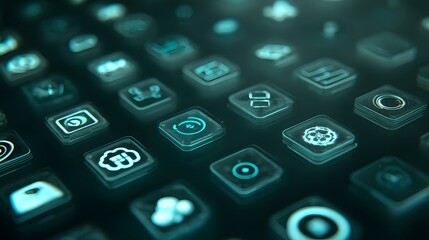 Close-up view of a futuristic interface with glowing icons.