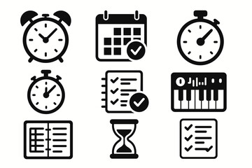 Alarm clocks and organizational tools icons: calendar, stopwatch, checklist, keyboard, hourglass