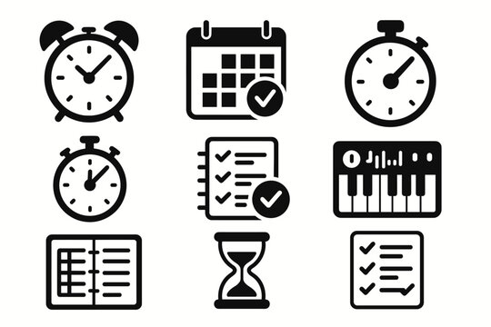 Alarm clocks and organizational tools icons: calendar, stopwatch, checklist, keyboard, hourglass