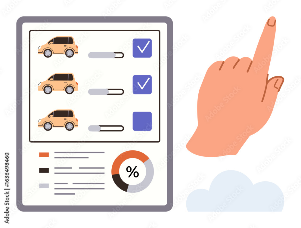 Poster hand pointing to tablet showing car options with checkboxes, progress bars, pie chart, and data. ide