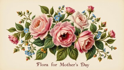 Naklejka premium An antique botanical print of a bouquet featuring pastel roses peonies and forget me nots titled 