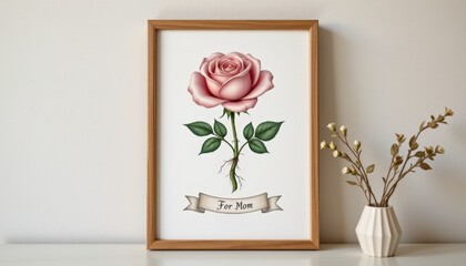 A framed botanical illustration featuring a pastel toned rose stem with roots showing labeled with Latin name and a ribbon banner reading "For Mom"
