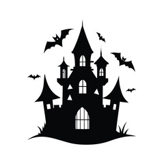 Gothic style haunted house with ravens and eerie lights vector art illustration