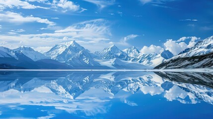 Obraz premium Snow-Capped Mountains Mirror in Clear Blue Sky and Lake: A Vivid Scene of Majestic Peaks Reflecting in Pristine Waters Under a Lively Azure Sky