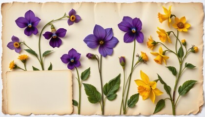 A vintage herbarium inspired collage of pressed flower drawings including violets, clover, and daffodils with aged paper edges and handwritten love note