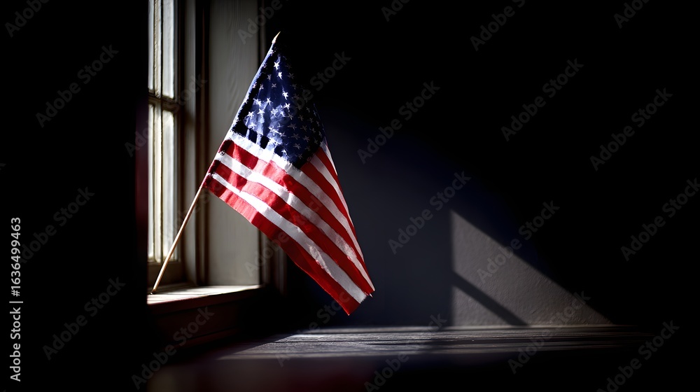 Poster american flag displayed by a window in shadow.