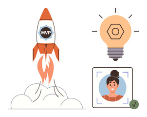 Rocket labeled MVP launching with smoke and fire, a glowing lightbulb symbolizing innovation, and a verified user profile. Ideal for entrepreneurship, technology, innovation, product development