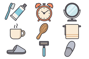 Morning routine essentials: toothbrush, mirror, clock, mug, comb, towel, razor, slippers