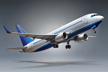 Modern airplane in flight against a neutral background