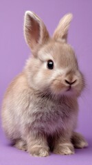 Obraz premium Cute fluffy bunny portrait with soft fur on a purple background, easter theme