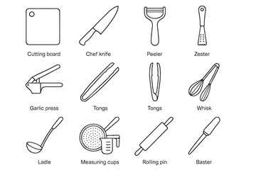 Kitchen utensil icons: knife, peeler, zester, tongs, whisk, ladle, press, measuring cups, rolling pin, baster