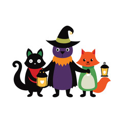 Group of animals trick or treating in handmade costumes vector art illustration