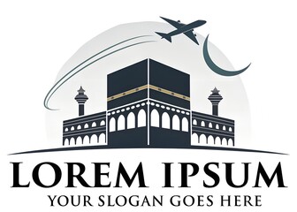 Islamic travel logo with kaaba and airplane