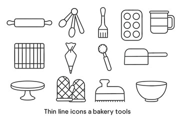 Thin line icons of essential bakery tools for baking enthusiasts