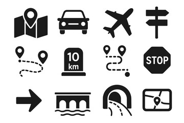 Black and white travel and navigation icons featuring transport and gps elements