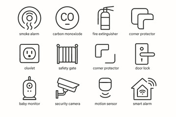 Home safety devices icons: alarms, sensors, gates, and locks