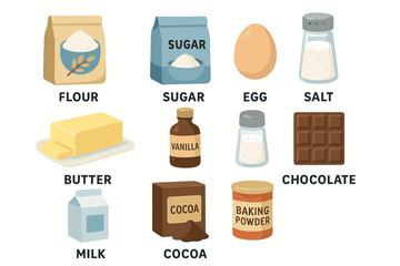 Essential baking ingredients: flour, sugar, egg, salt, butter, vanilla, chocolate, milk, cocoa, baking powder